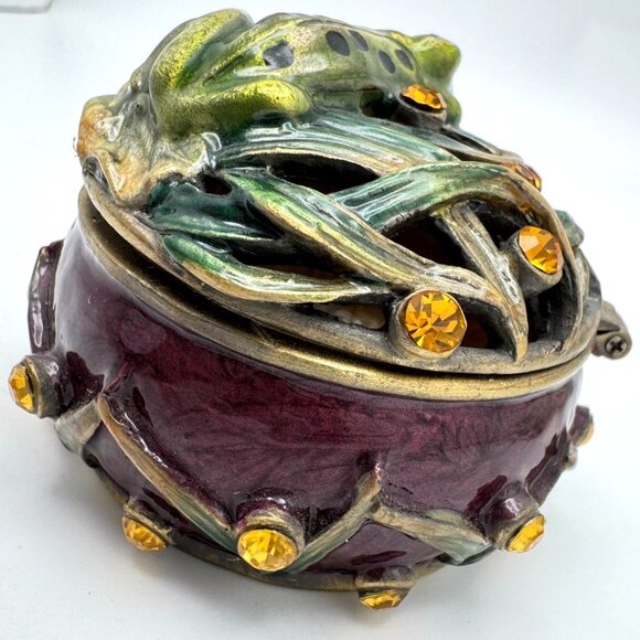 Frog Jeweled Trinket Box Burgundy Hinged Lid Yellow Gem Accents Magnetic - Picture 6 of 8